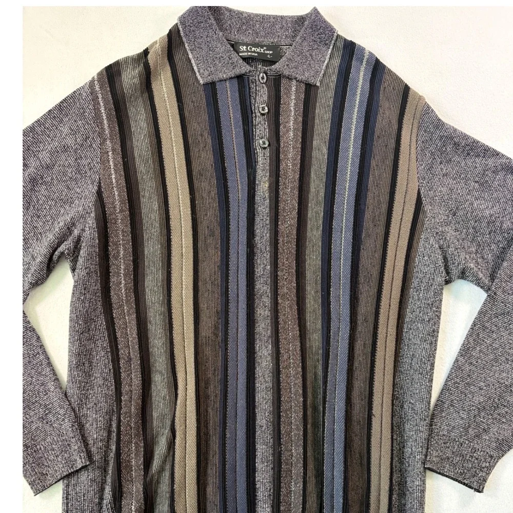 St. Croix Shop Mens Vertical Stripe Luxury Knit Polo Sweater L Old‎ Money USA